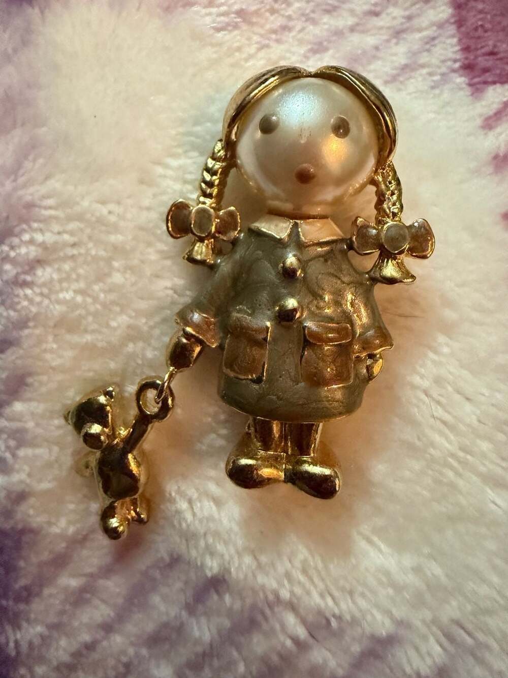 Carolee Faux Pearl Girl With Teddy Bear Charm Dangle Brooch Pin
